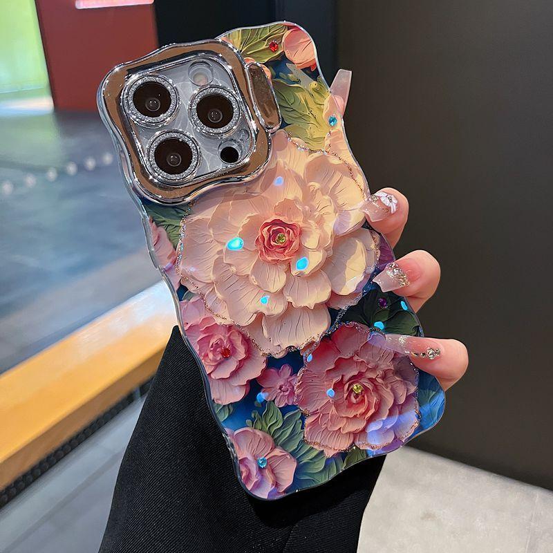 Classy Floral Flowers Oil Painting Wavy iPhone Case With Lens Holder