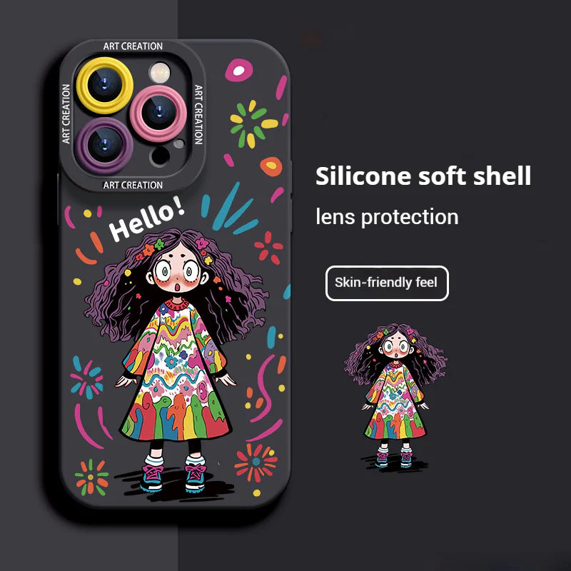 Casing Ponsel Silikon Cair Gadis Lucu Grafiti Kreatif untuk iPhone