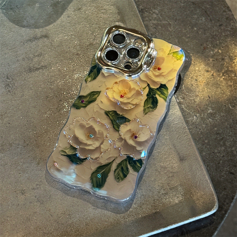 Classy Floral Flowers Oil Painting Wavy iPhone Case With Lens Holder