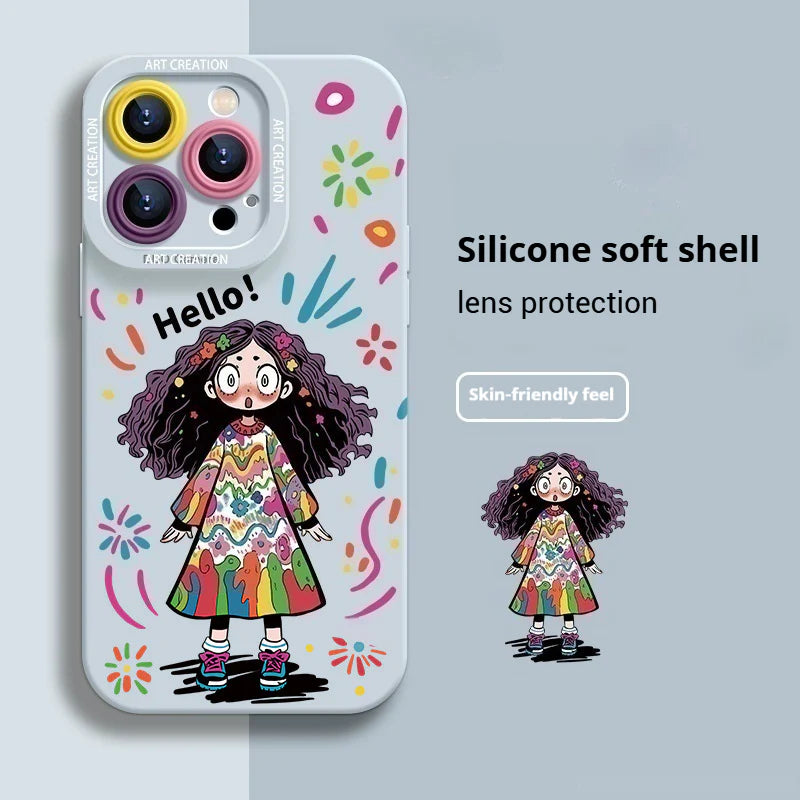 Casing Ponsel Silikon Cair Gadis Lucu Grafiti Kreatif untuk iPhone