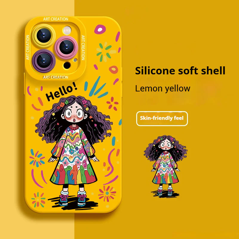 Casing Ponsel Silikon Cair Gadis Lucu Grafiti Kreatif untuk iPhone