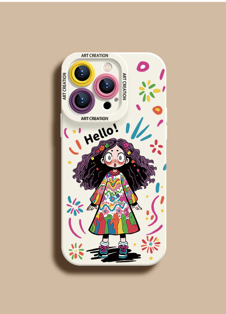Casing Ponsel Silikon Cair Gadis Lucu Grafiti Kreatif untuk iPhone