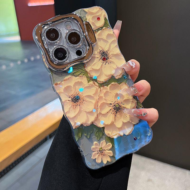 Classy Floral Flowers Oil Painting Wavy iPhone Case With Lens Holder
