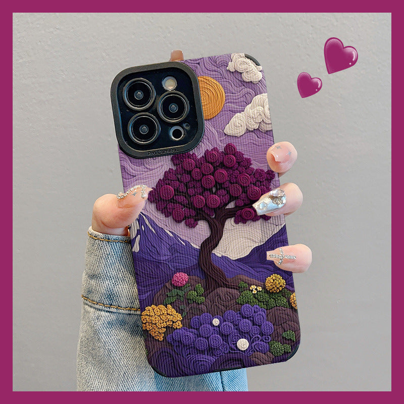 Casing iPhone Motif Bunga Mawar Suede Lukisan Cat Minyak Gaya Ins