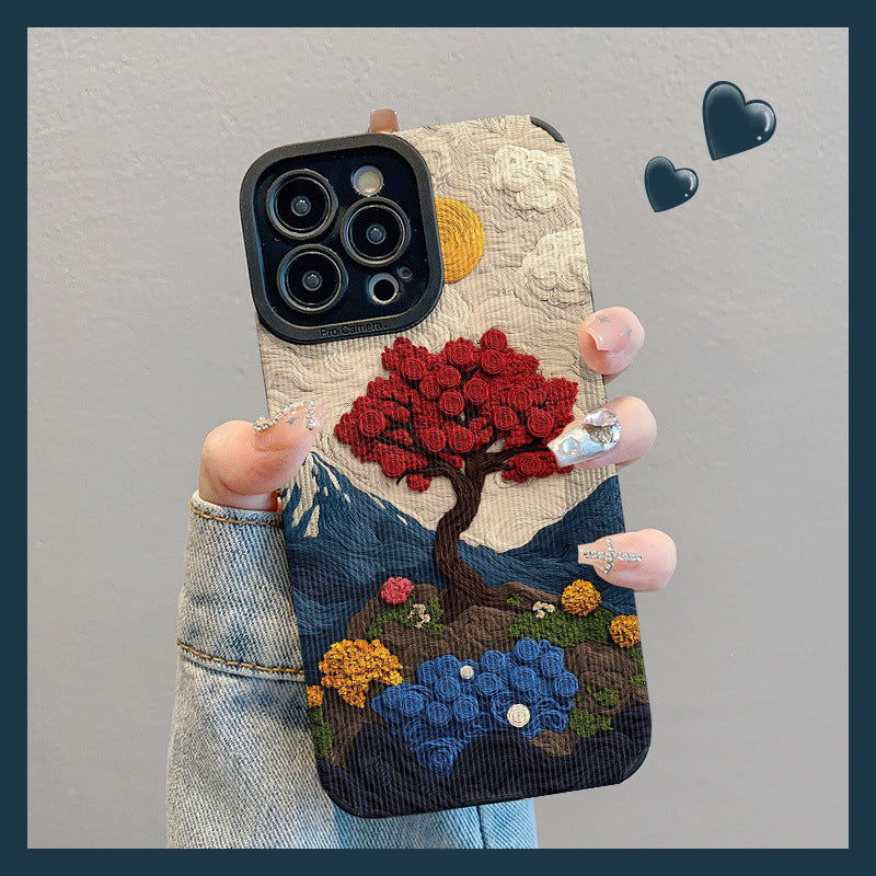 Casing iPhone Motif Bunga Mawar Suede Lukisan Cat Minyak Gaya Ins
