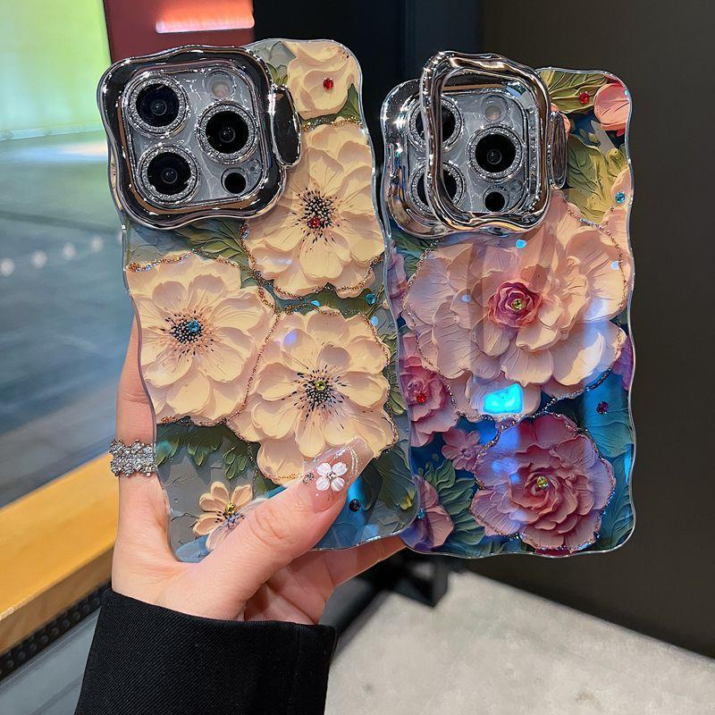 Classy Floral Flowers Oil Painting Wavy iPhone Case With Lens Holder