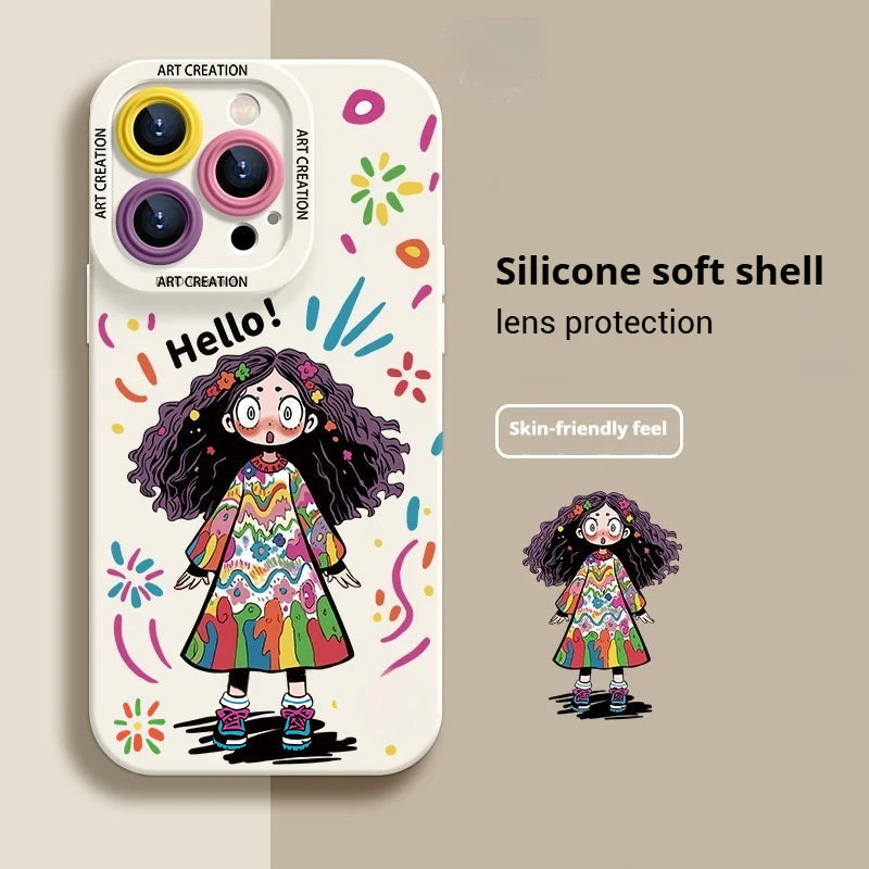 Casing Ponsel Silikon Cair Gadis Lucu Grafiti Kreatif untuk iPhone