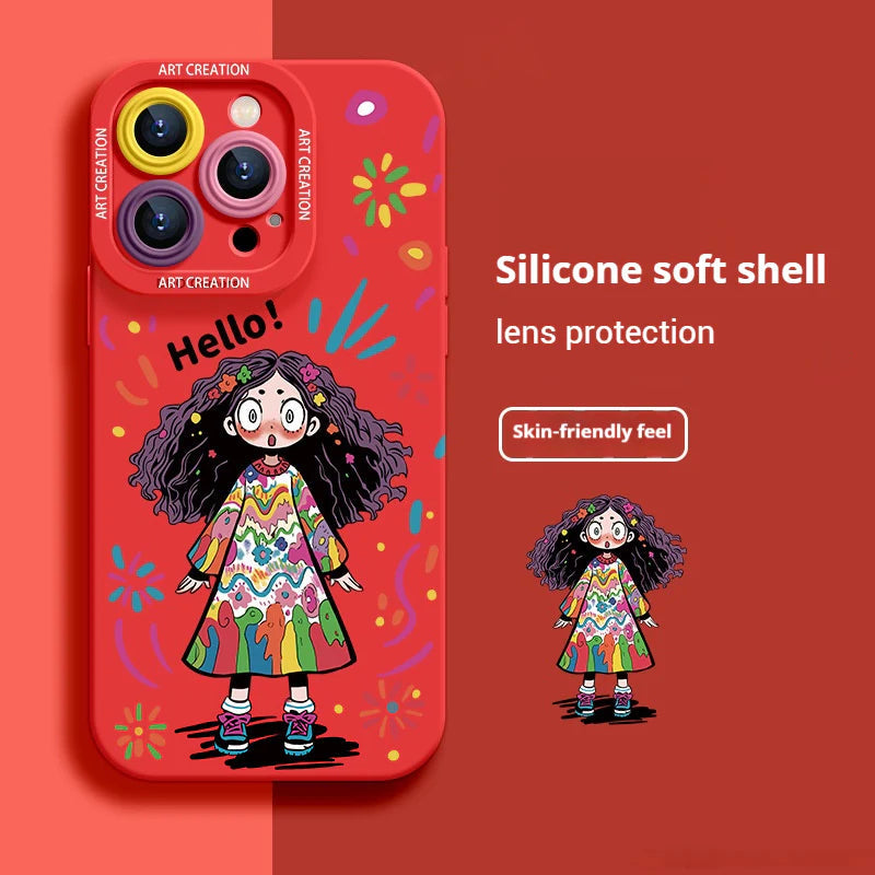 Casing Ponsel Silikon Cair Gadis Lucu Grafiti Kreatif untuk iPhone