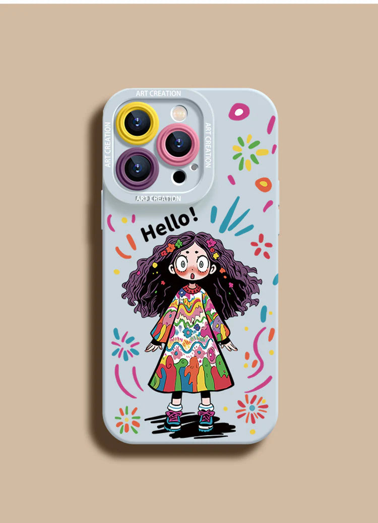 Casing Ponsel Silikon Cair Gadis Lucu Grafiti Kreatif untuk iPhone