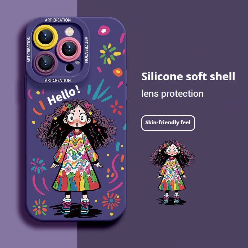Casing Ponsel Silikon Cair Gadis Lucu Grafiti Kreatif untuk iPhone
