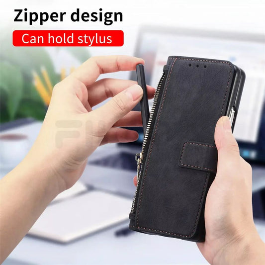 Sarung Telefon Dompet Kulit Zip Magnet 2 dalam 1 untuk Galaxy Z Fold 3