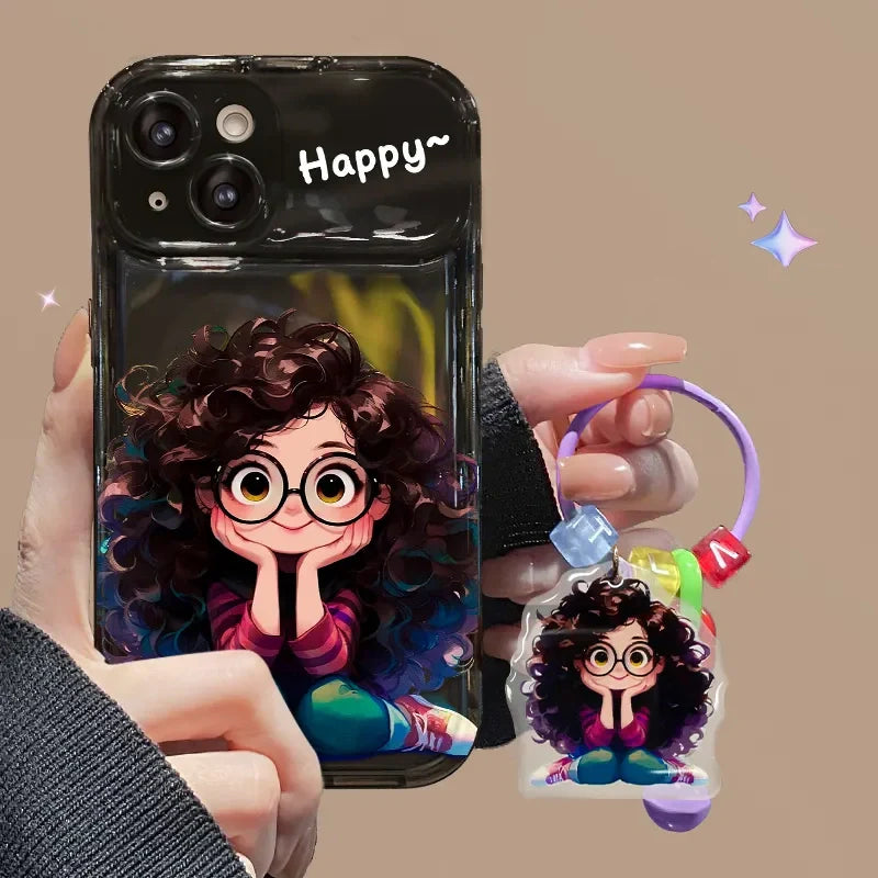 iPhone Creative Fried Hair Glasses Girl Mobile Phone Case With Flip Mirror