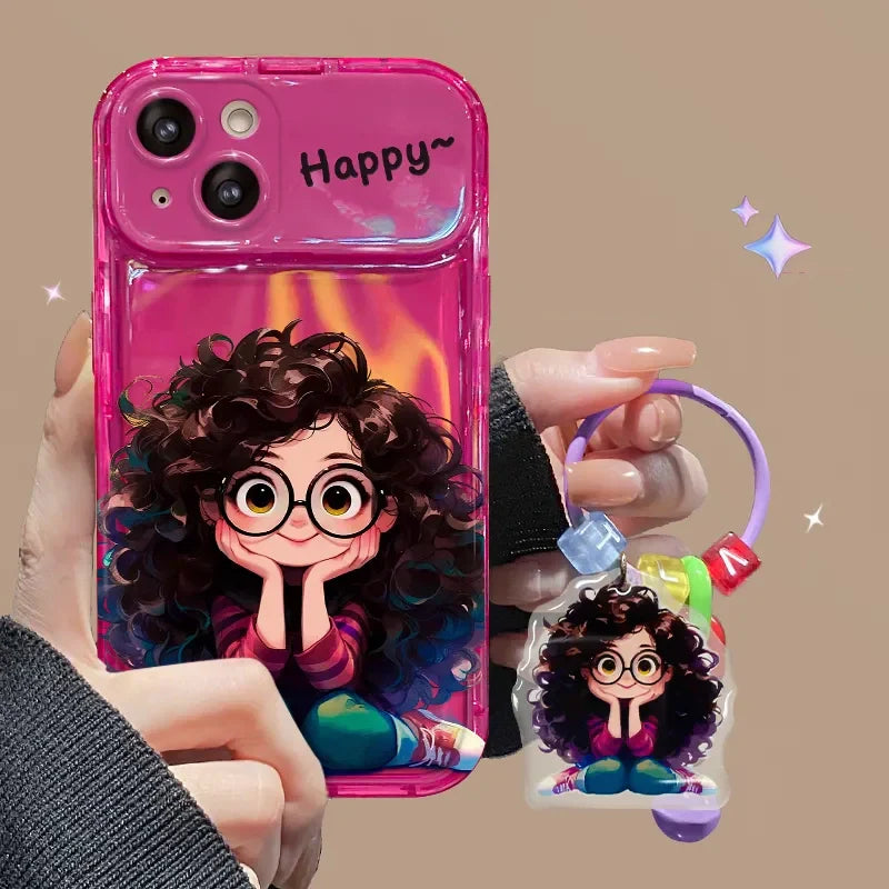 Sarung Telefon Mudah Alih Gadis Kacamata Rambut Goreng Kreatif iPhone Dengan Cermin Balik
