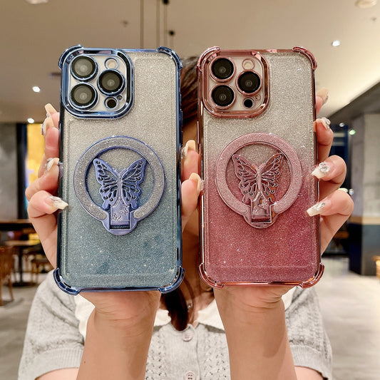 Husă magnetică pentru telefon Butterfly Glitter Stand pentru iPhone - Protecție împotriva căderilor Airbag cu patru colțuri