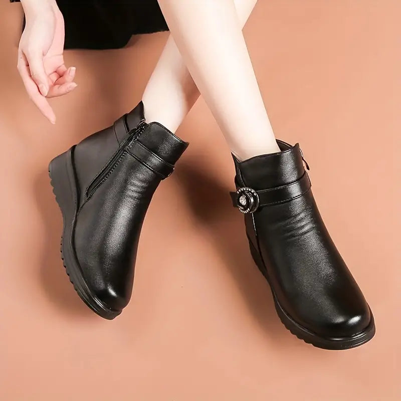 Women's, One-colour, Winter, Leather Platform Boots With Snow