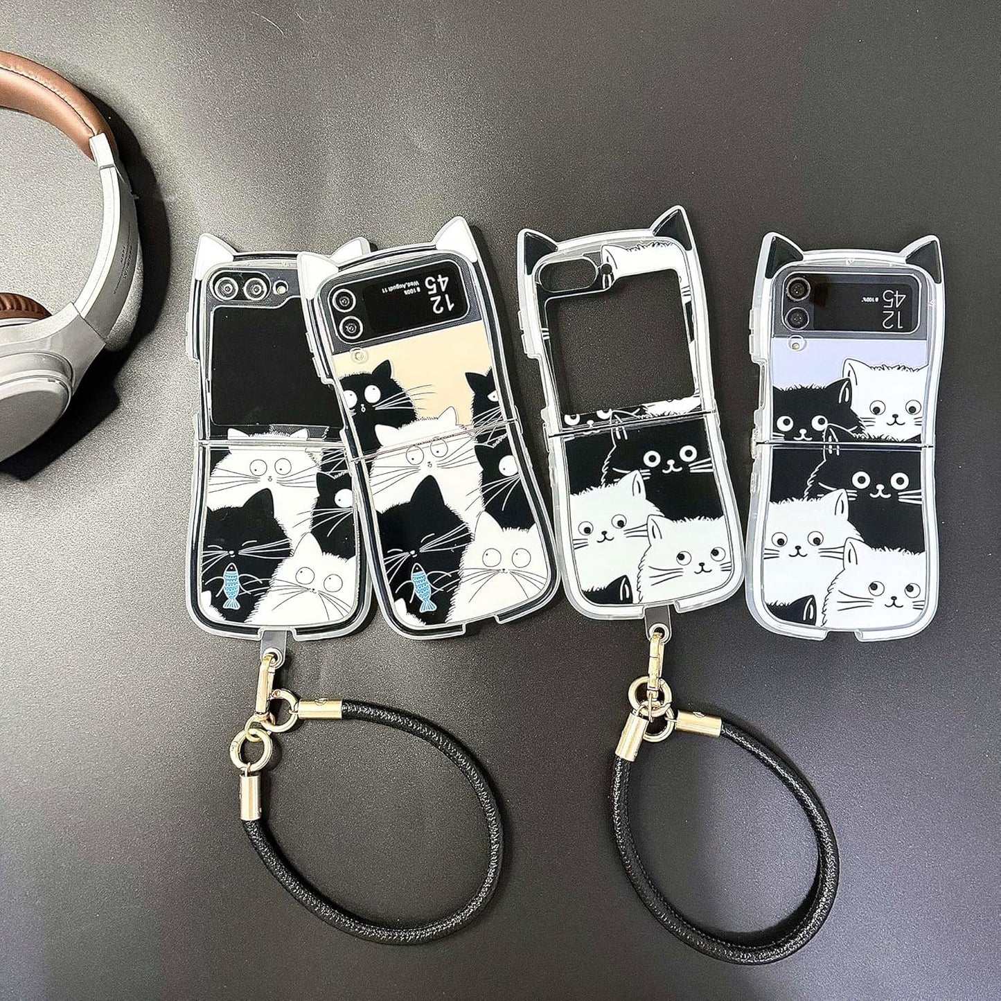 🐱[New Cat Ears] Black and White Cat Phone Case, Suitable for Galaxy Z Flip 3/Galaxy Z Flip 4/Galaxy Z Flip 5/Galaxy Z Flip 6