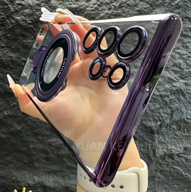 Magnetic HD high transparent phone case electroplated folding stand for Samsung