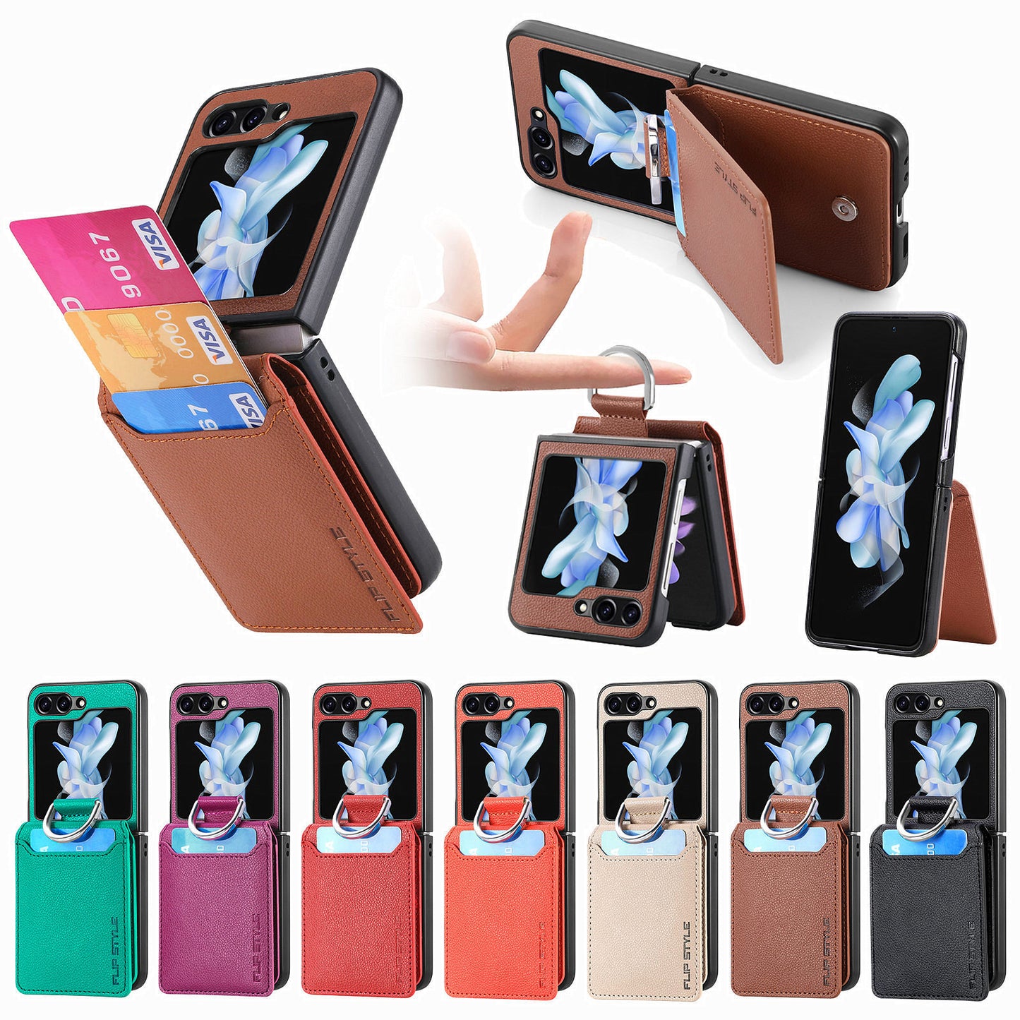 Untuk Samsung Z Flip3/4 Lychee Dermatoglyph Ring Wallet Case 