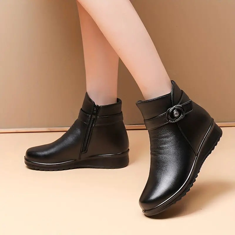 Women's, One-colour, Winter, Leather Platform Boots With Snow