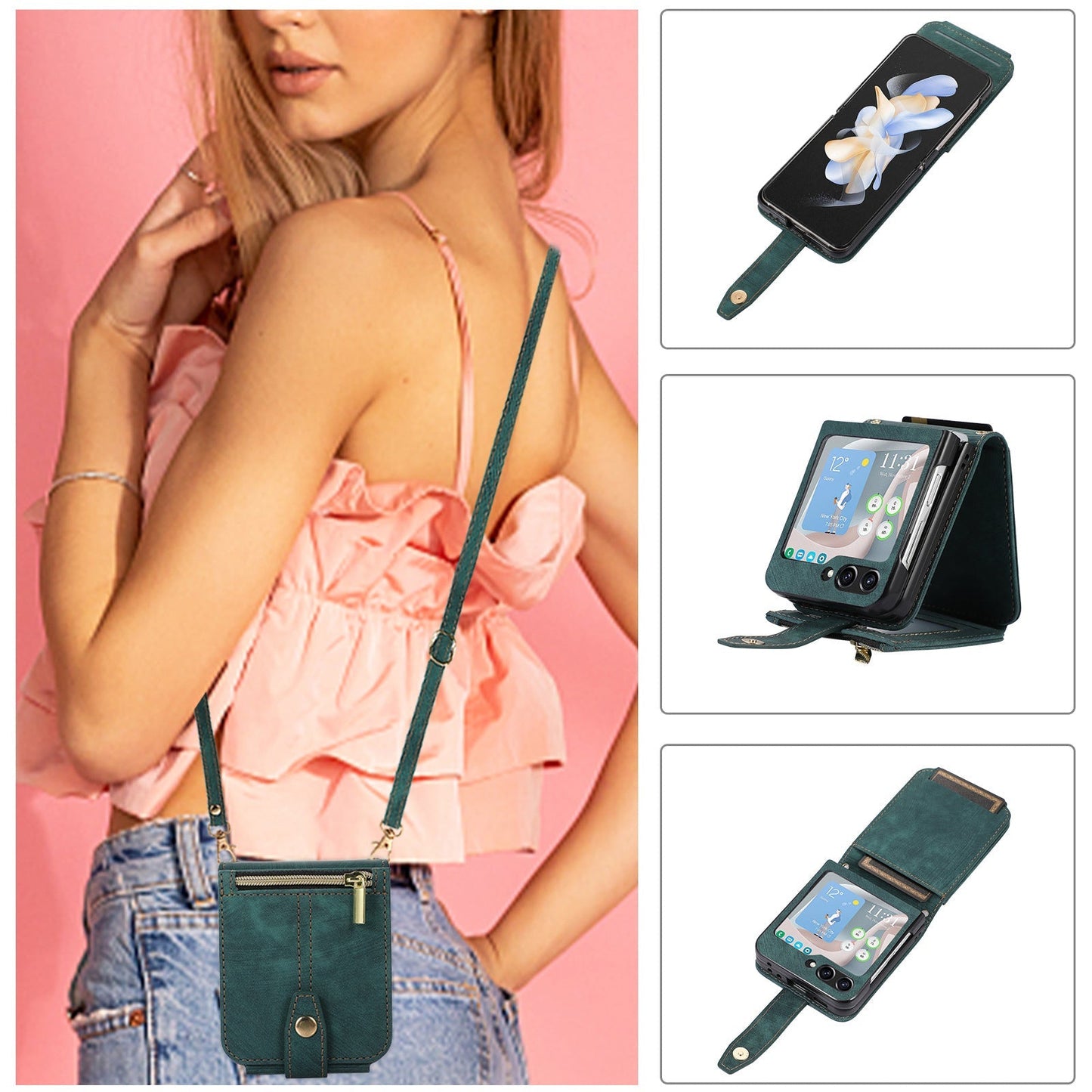 Sesuai Untuk Samsung Z FLIP4 Zipper Card Holder Phone Case Leather