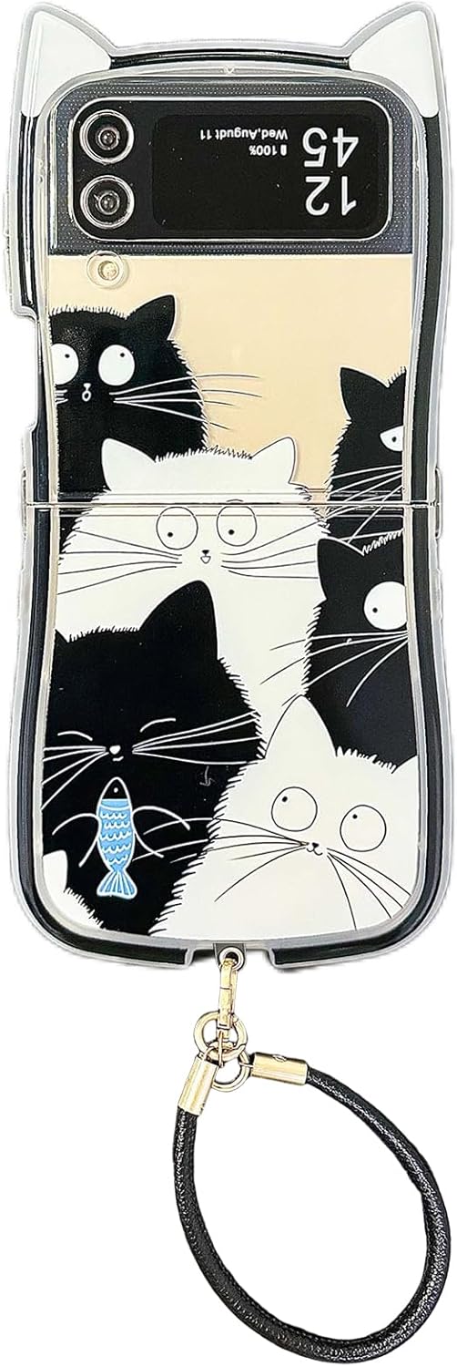 🐱[New Cat Ears] Black and White Cat Phone Case, Suitable for Galaxy Z Flip 3/Galaxy Z Flip 4/Galaxy Z Flip 5/Galaxy Z Flip 6