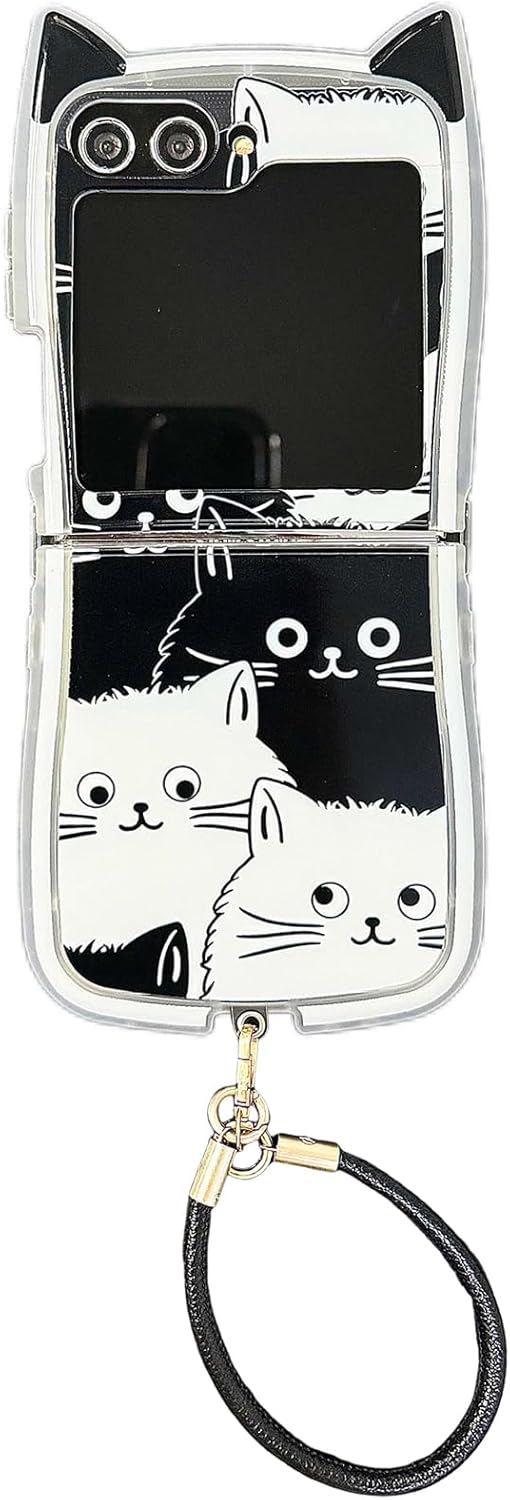 🐱[New Cat Ears] Black and White Cat Phone Case, Suitable for Galaxy Z Flip 3/Galaxy Z Flip 4/Galaxy Z Flip 5/Galaxy Z Flip 6