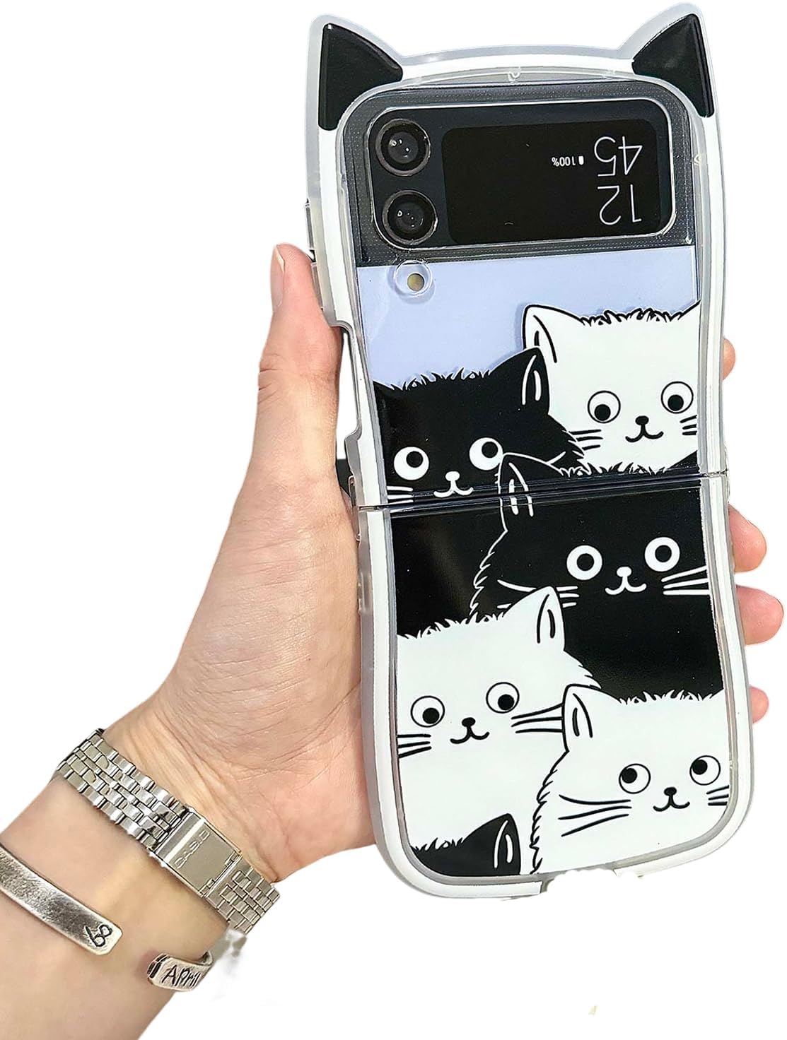 🐱[New Cat Ears] Black and White Cat Phone Case, Suitable for Galaxy Z Flip 3/Galaxy Z Flip 4/Galaxy Z Flip 5/Galaxy Z Flip 6