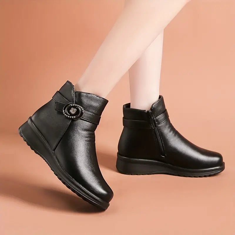 Women's, One-colour, Winter, Leather Platform Boots With Snow