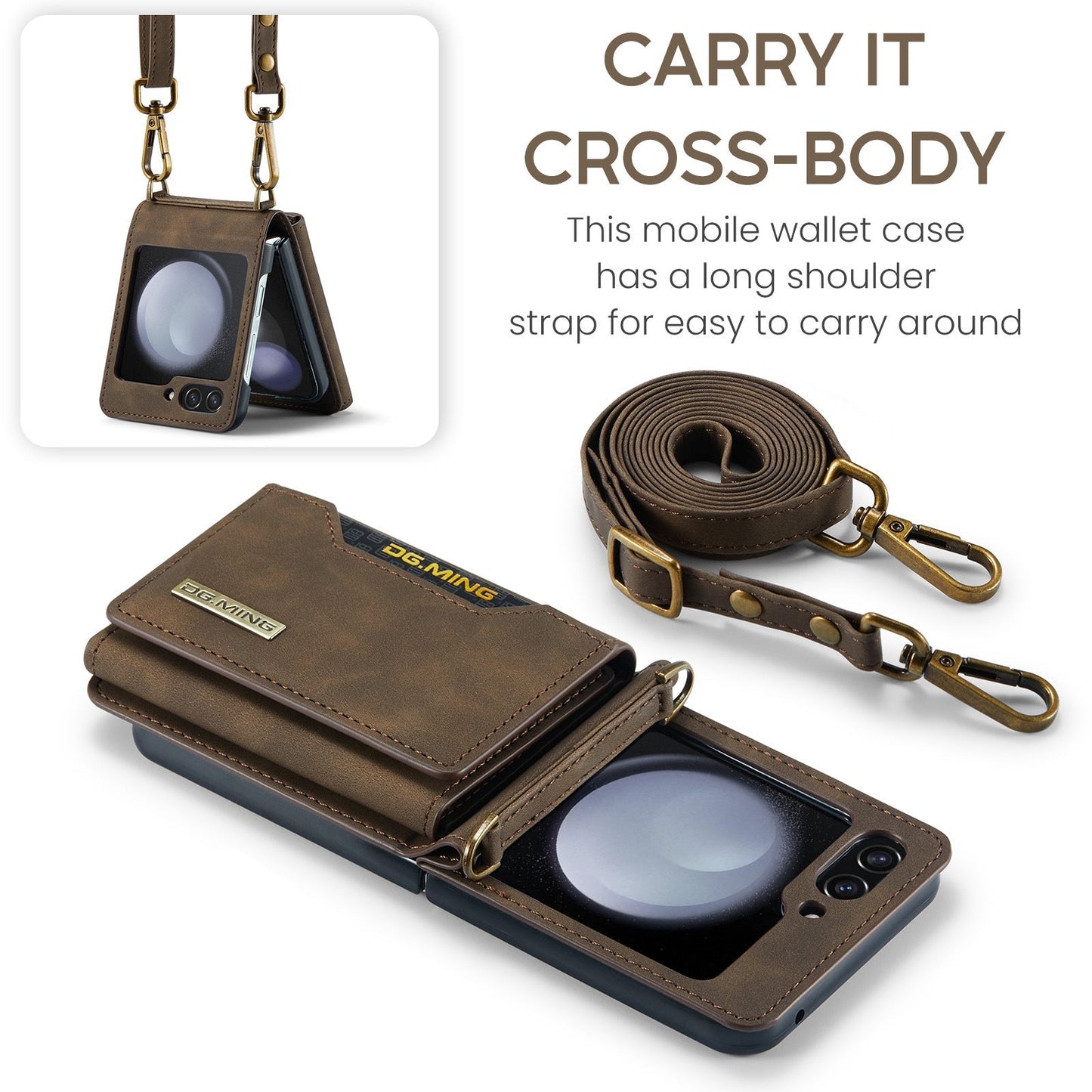 Crossbody Retro Leather Phone Case With 6 Cards Slot,Kickstand,Detachable Lanyard And Hinge For Galaxy Z Flip3/Z Flip4/Z Flip5