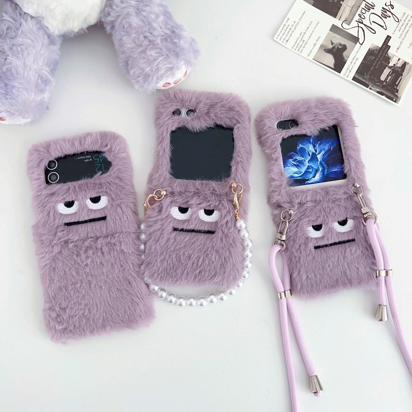 Purple Funny Expression Plush Phone Case for Galaxy Z Flip 3/Galaxy Z Flip 4/Galaxy Z Flip 5/Galaxy Z Flip 6