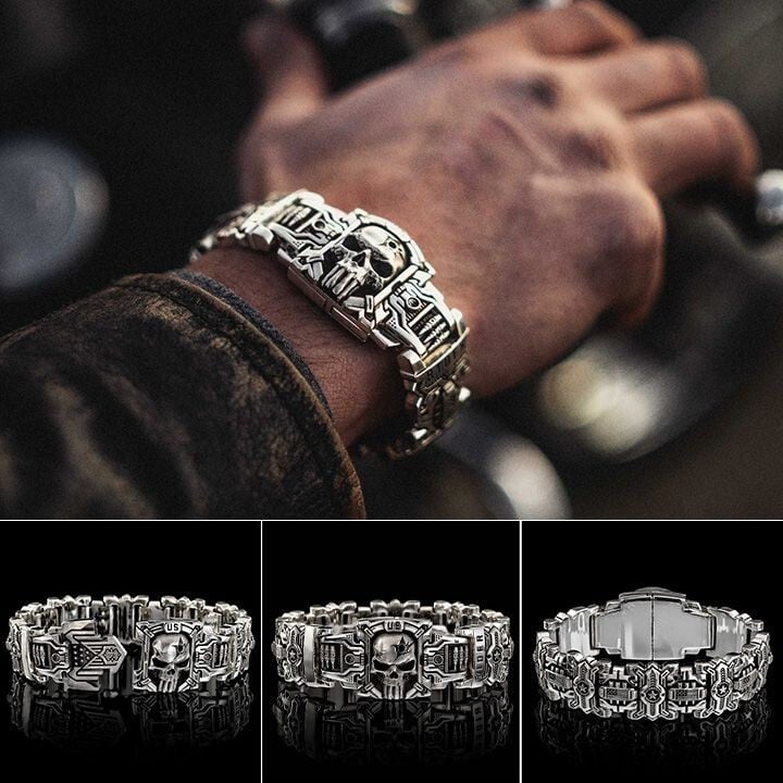 HOT SALE-Armed Forces Destiny Struggle Skull Interlock Silver Bracelet