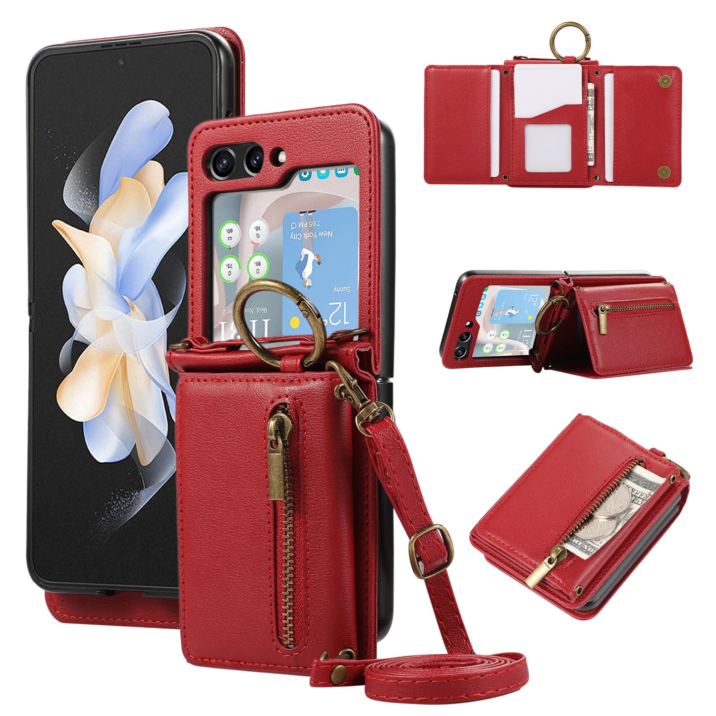 Zippered Leather Card Holder Phone Case for Samsung Z Flip Series - Ring Design