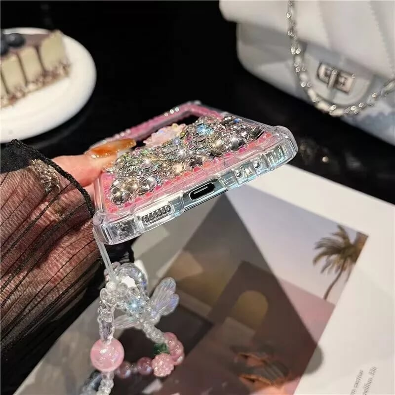 Flower butterfly diamond mobile phone case with bracelet for Galaxy Z Flip 3/Galaxy Z Flip 4/Galaxy Z Flip 5/Galaxy Z Flip 6