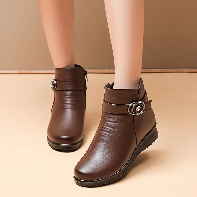 Women's, One-colour, Winter, Leather Platform Boots With Snow