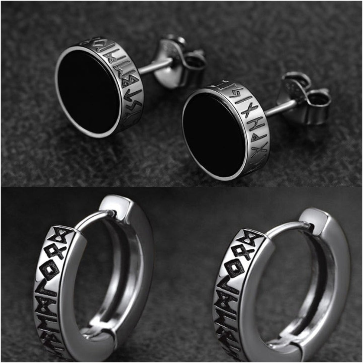 【Buy 1 Get 1 Free】Sterling Silver Viking Runes Black Onyx Stud Earrings For Men