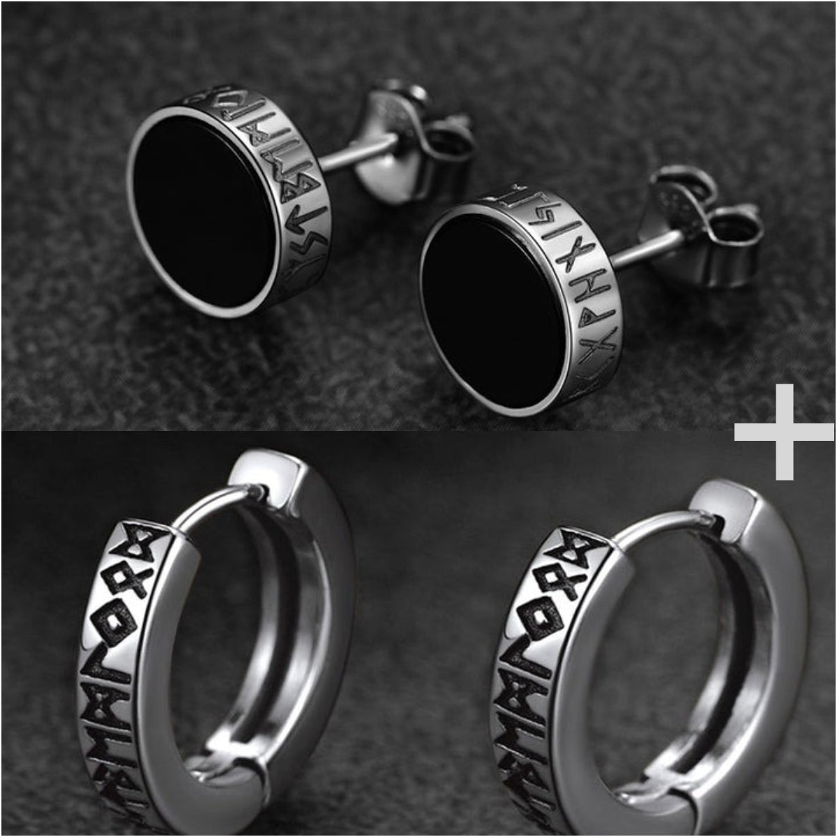 【Buy 1 Get 1 Free】Sterling Silver Viking Runes Black Onyx Stud Earrings For Men