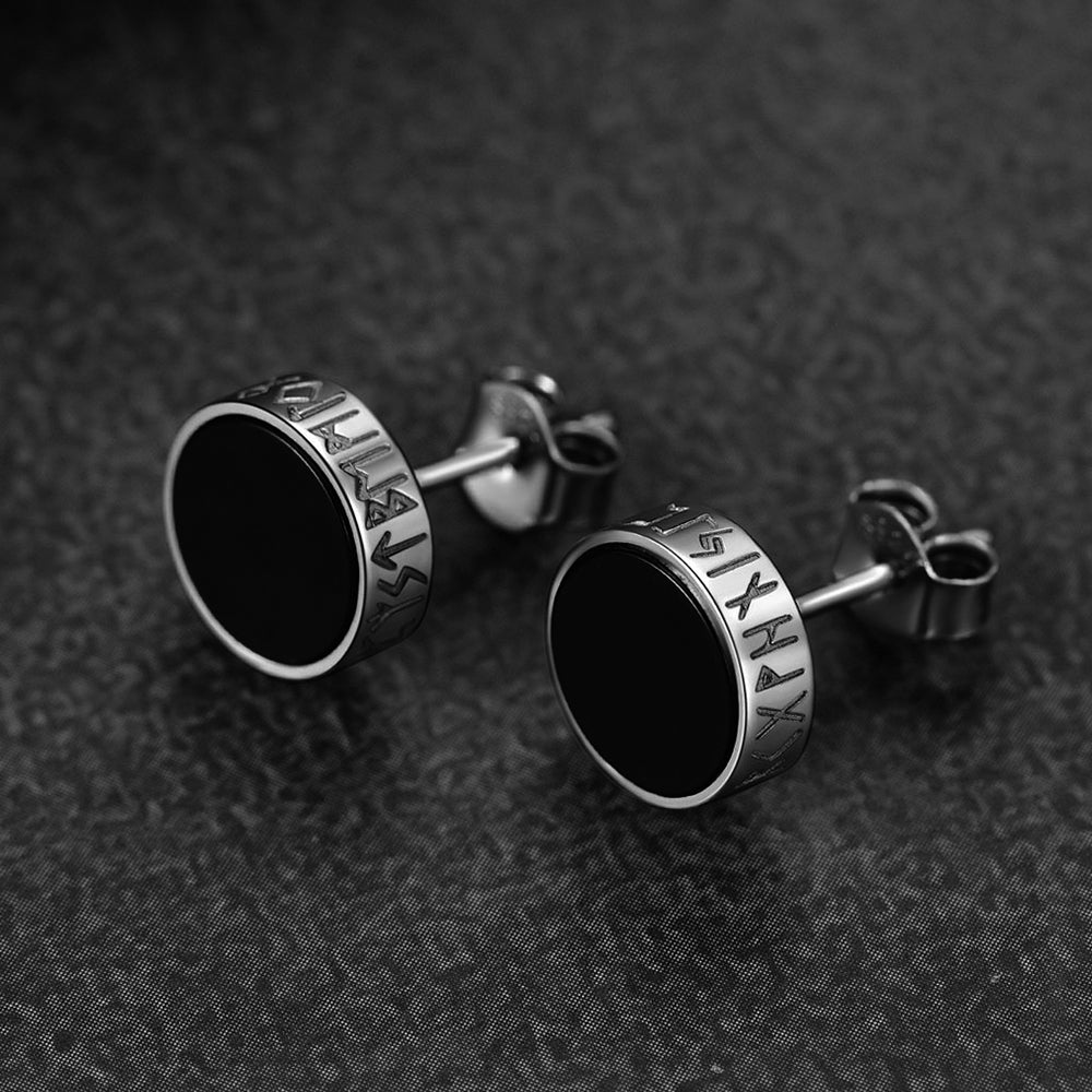 【Buy 1 Get 1 Free】Sterling Silver Viking Runes Black Onyx Stud Earrings For Men