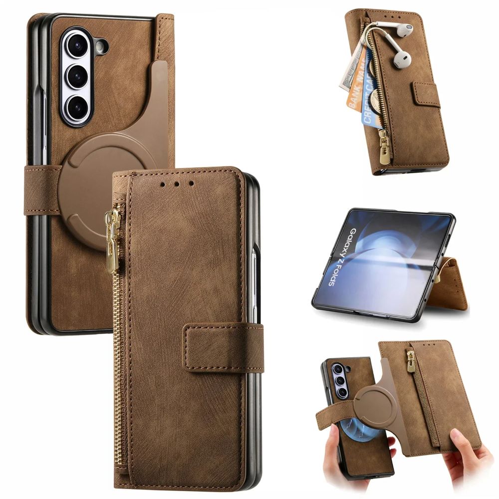 2 in 1 Magnetic Zipper Leather Wallet Phone Case for Galaxy Z Fold 5