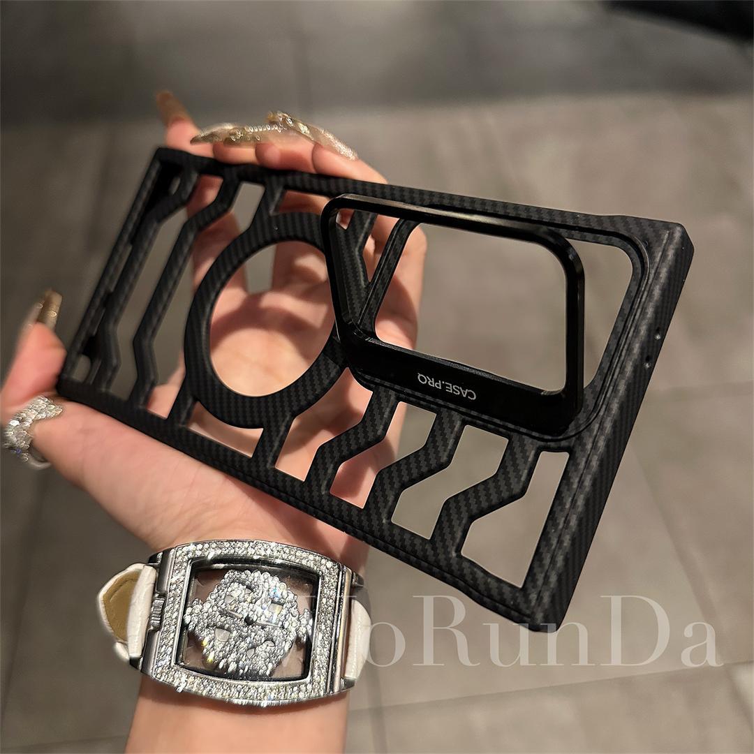 Hollow Carbon Fiber Magnetic Lens Holder Phone Case For Samsung