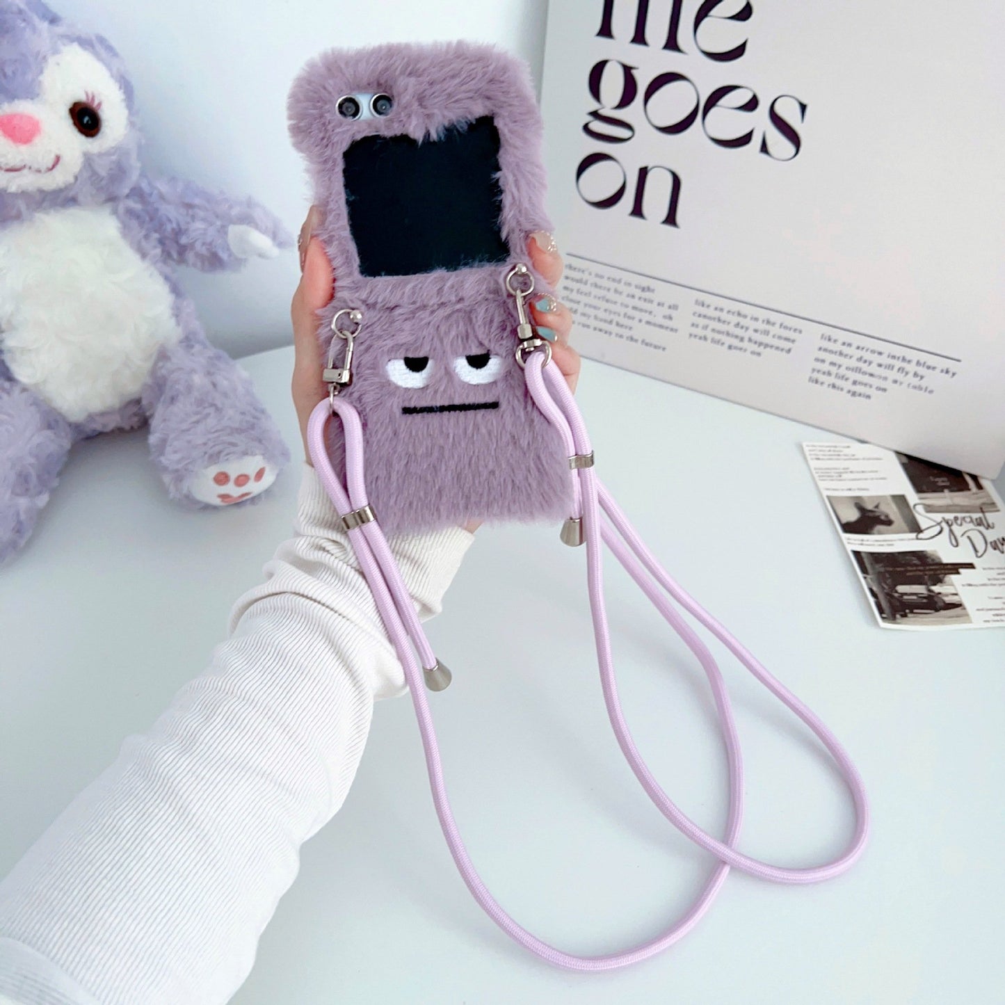 Purple Funny Expression Plush Phone Case for Galaxy Z Flip 3/Galaxy Z Flip 4/Galaxy Z Flip 5/Galaxy Z Flip 6