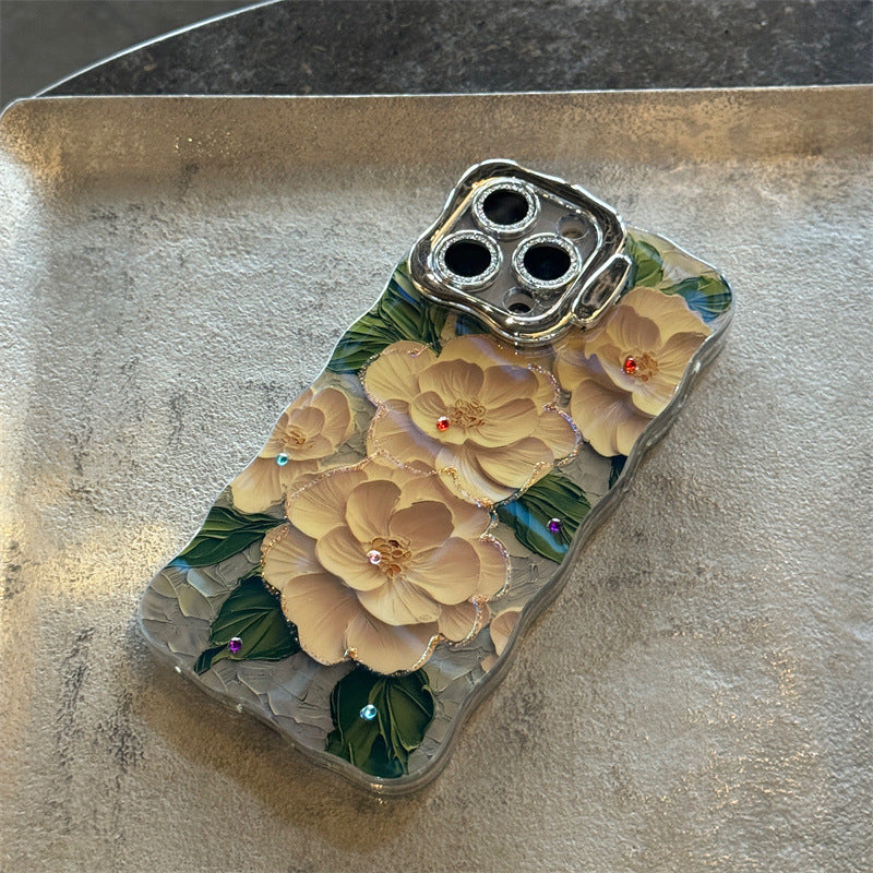 Classy Floral Flowers Oil Painting Wavy iPhone Case With Lens Holder
