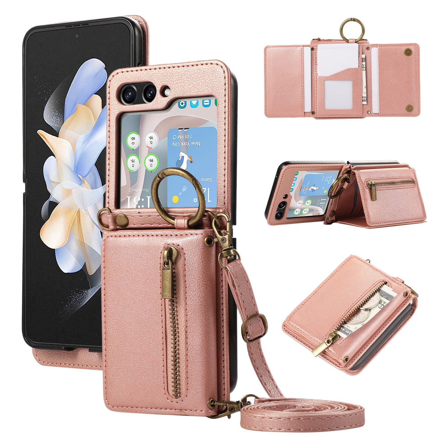 Zippered Leather Card Holder Phone Case for Samsung Z Flip Series - Ring Design