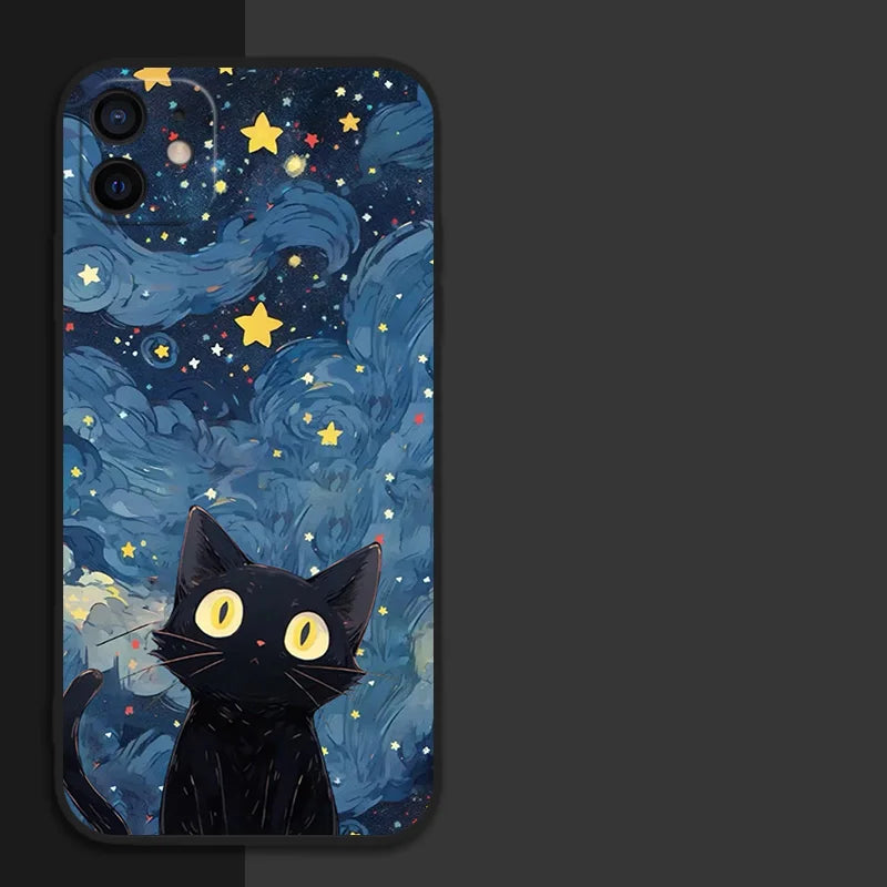 Sarung Telefon Malam Berbintang Kucing Hitam Artistik Untuk iPhone