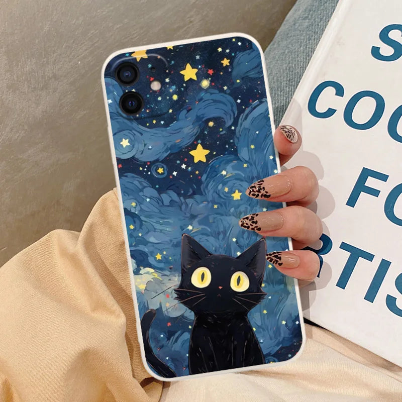 Sarung Telefon Malam Berbintang Kucing Hitam Artistik Untuk iPhone