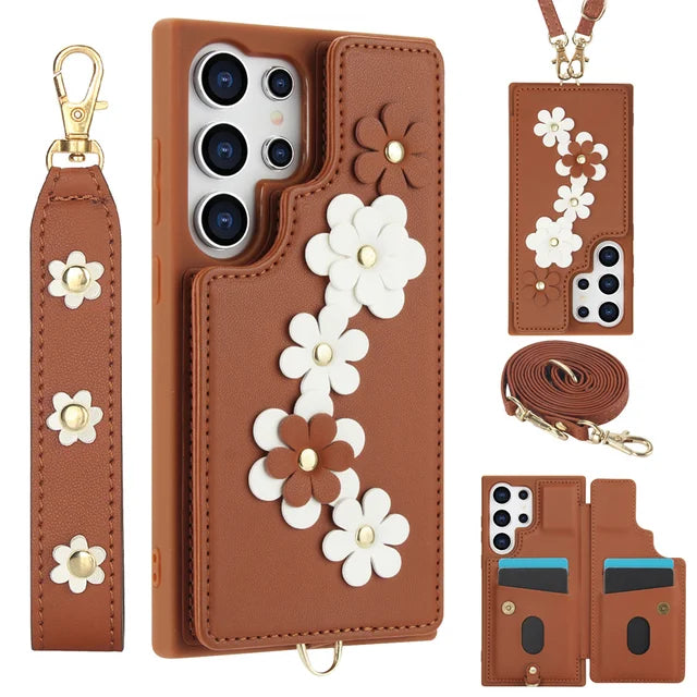 Crossbody Leather Wallet Wristband Phone Case for Samsung