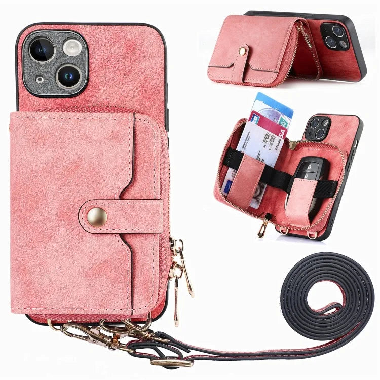 Luxury Crossbody Zipper Leather Rope Card Pocket Case For iPhone