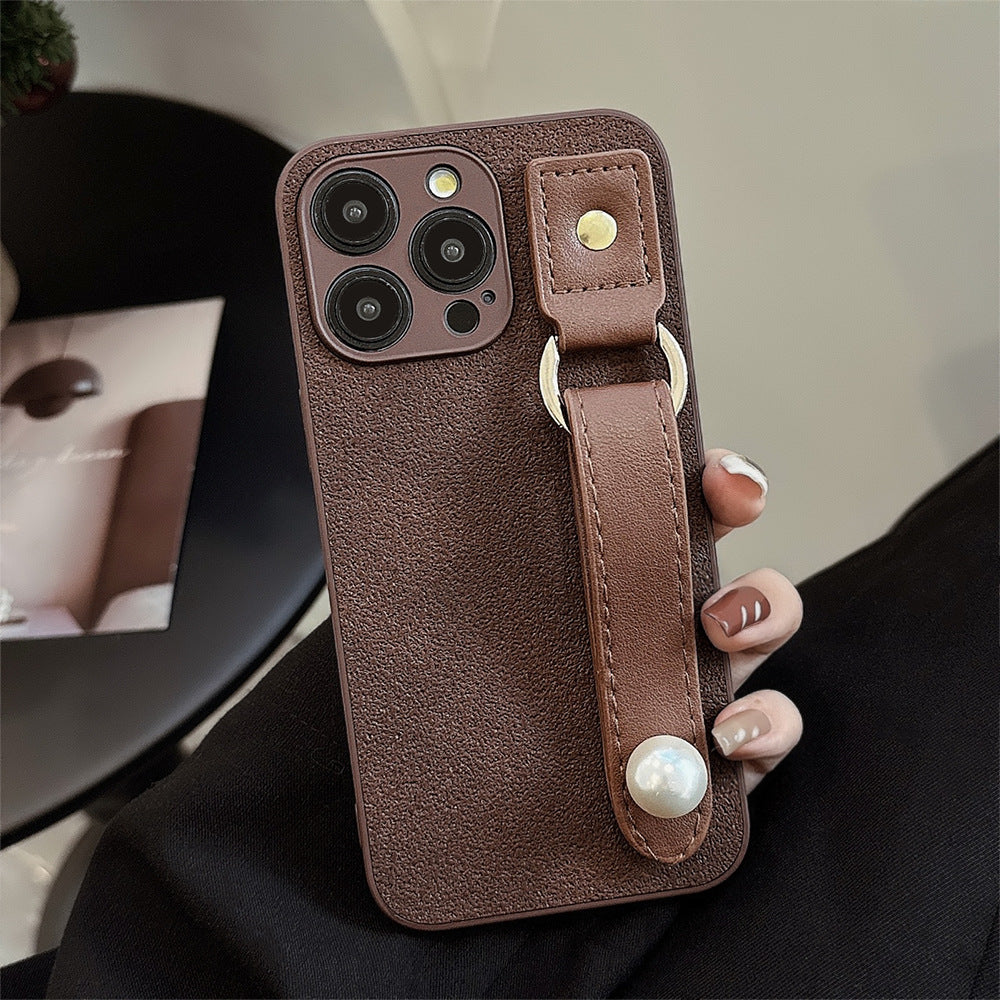 Premium Camellia Wristband Light Luxury Retro Leather Phone Case