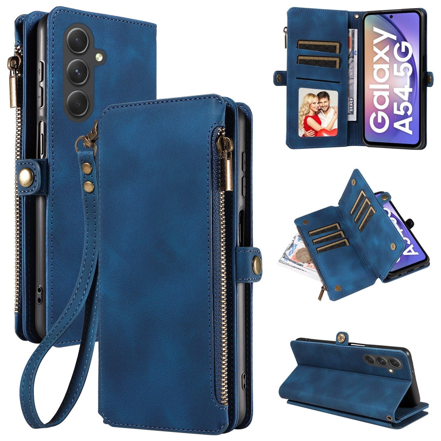 High-End Retro Leather Pouch Wallet Lanyard Zipper Card Phone Case For Galaxy A34