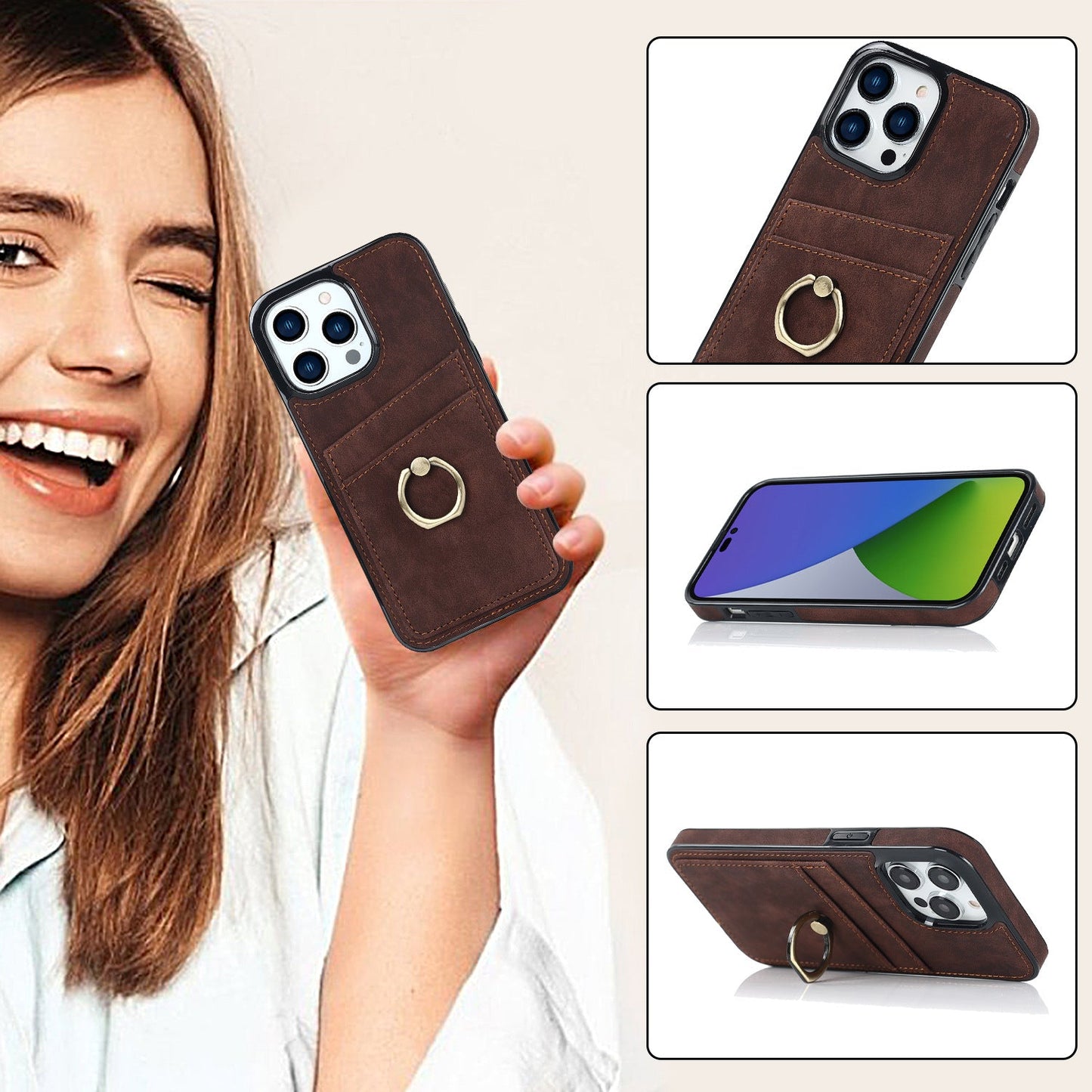 Retro leather card case ring phone case