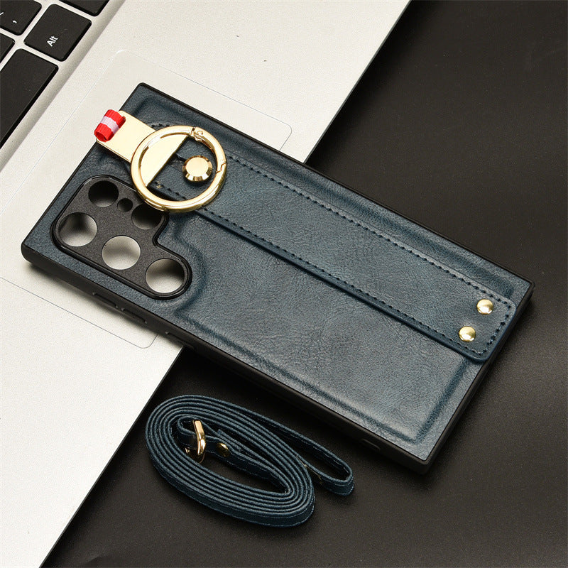 Wrist Strap Lanyard Leather Phone Case For Samsung